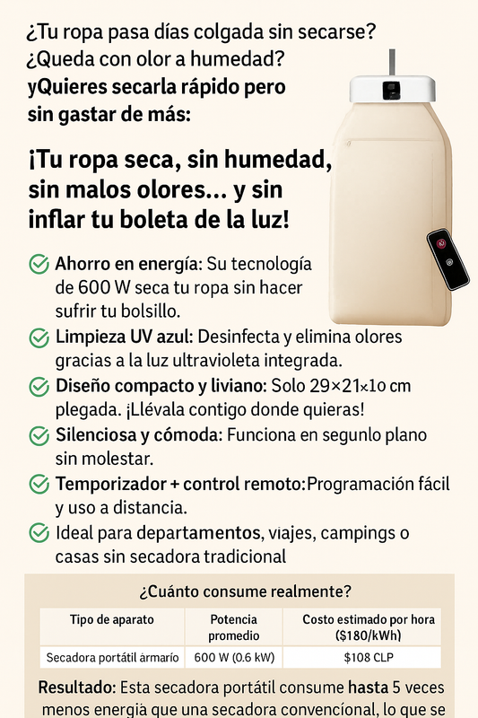 Secadora de Ropa Portátil con Luz UV Azul – Compacta, Silenciosa y Eficiente (600W)